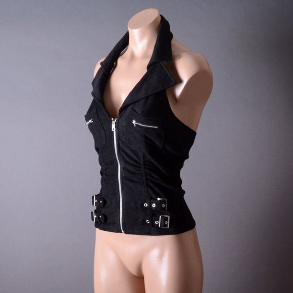 Black Halter Womens Moto Biker Punk Motorcycle Buckle Steampunk Vest Top Shirt - Picture 7 of 8